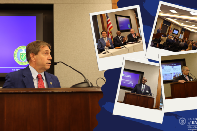 Collage of images of DOE leadership and Congress members speaking at an event in front of a podium
