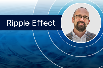 Headshot of Curt Jawdy with the words 'ripple effect' next to him