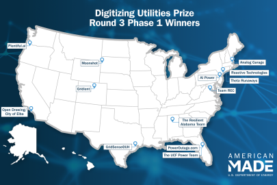 Map of the U.S. with a blue background and dots indicating the location of the prize winners.