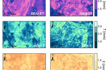 Spatial distribution of daily mean evapotranspiration (ET), transpiration (T), and evaporation (E) values from the new Residual Neural Network Penman–Monteith hybrid model.
