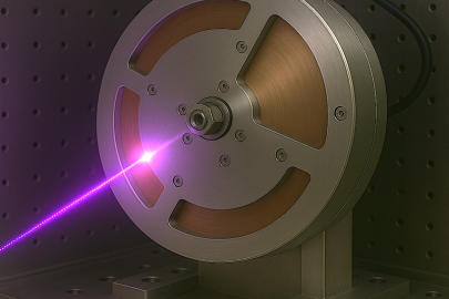 An artistic rendering of the fast-rotating disk with a copper target, spinning at 30,000 RPM to spatially separate the impacts of the XFEL pulse series.