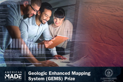 American-Made | U.S. Department of Energy | Geologic Enhanced Mapping System (GEMS) Prize | with stock photo of three smiling people looking at a notebook and computer screen together.