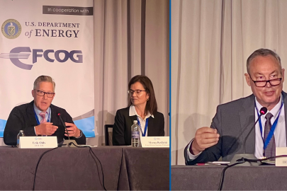 Two photos side by side of panelists sitting on stage at a conference participating in a discussion