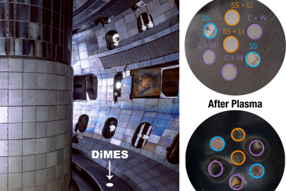 The DIII-D Divertor Materials Evaluation System (DiMES) exposes materials to commercially relevant fusion plasmas to study plasma-material interactions. The images on the right show samples pre- and post-exposure. 