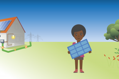 A picture of a house with solar panels and a woman holding a solar panel