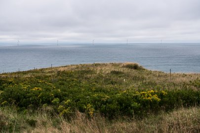View of the Block Island Wind Farm from the shore against a blue sky.