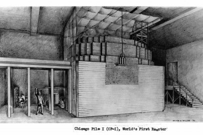 Drawing that depicts Chicago Pile 1, the world's first reactor with a man pulling a control rod out of a reactor as another man in the background monitors.