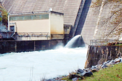 River level view of Philpott Dam in Bassett, Virginia