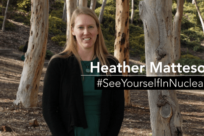 A photo of a woman named Heather Matteson with the words #SeeYourselfInNuclear on it.