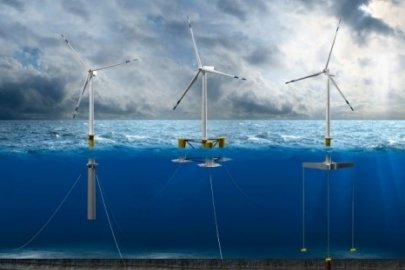 Offshore wind floating substructure designs: spar buoy (left), semisubmersible (middle), and tension-leg platform (right). 