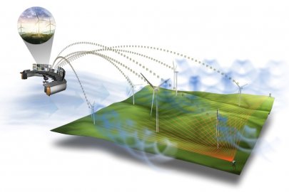 Illustration of several wind turbines projecting their data to a computer.