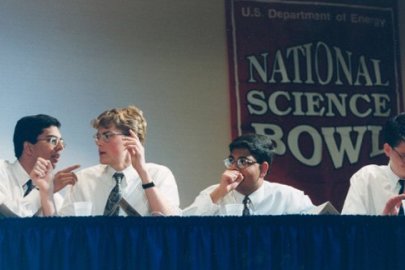 Members of the 1999 National Science Bowl® championship team were (L to R): Kaushik Roy, Andrew Mills, Manish Gala, Jason Rubenstein, and (not pictured) Jacob Paul, from Montgomery Blair High School, Silver Spring, MD. 