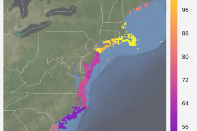 Map showing amounts of offshore wind, from the Estimating the Value of Offshore Wind Along the United States’ Eastern Coast report.