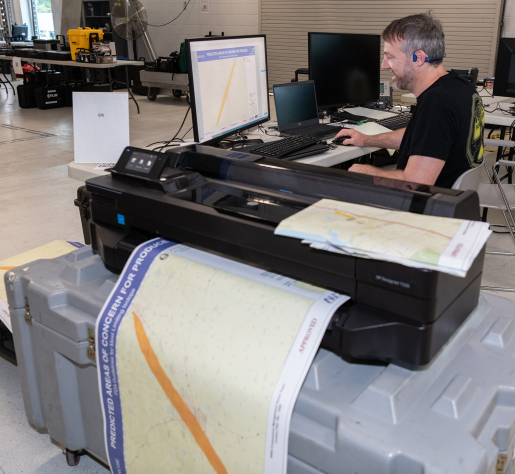 One NNSA mission is to create actionable information for decision makers. Here, an expert creates a plume map to show how far wind had carried the radiological material during the Cobalt Magnet 22 exercise.