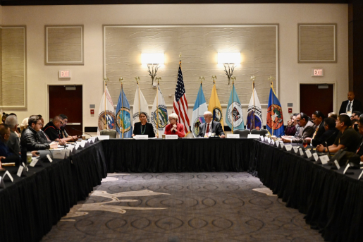 Secretary Jennifer M. Granholm and Office of Indian Energy director Wahleah Johns lead a nation-to-nation roundtable discussion with tribal leaders at the 2022 Tribal Clean Energy Summit in Washington, DC. 