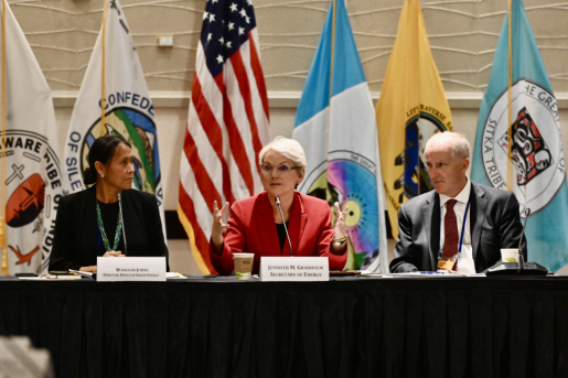 Secretary Jennifer M. Granholm and Office of Indian Energy director Wahleah Johns lead a nation-to-nation roundtable discussion with tribal leaders at the 2022 Tribal Clean Energy Summit in Washington, DC.