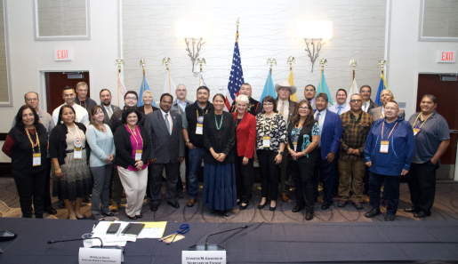 Secretary Jennifer M. Granholm and Office of Indian Energy director Wahleah Johns group photo with Tribal Leaders at the 2022 Tribal Clean Energy Summit in Washington, DC.