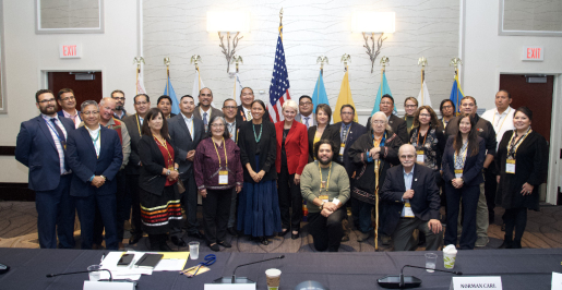 Secretary Jennifer M. Granholm and Office of Indian Energy director Wahleah Johns group photo with Tribal Leaders at the 2022 Tribal Clean Energy Summit in Washington, DC.