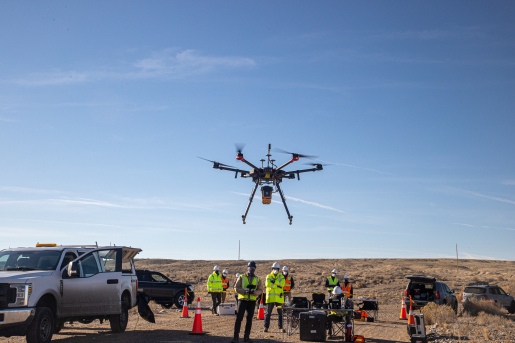 A drone takes flight at the Shiprock, New Mexico Disposal site, January 2022