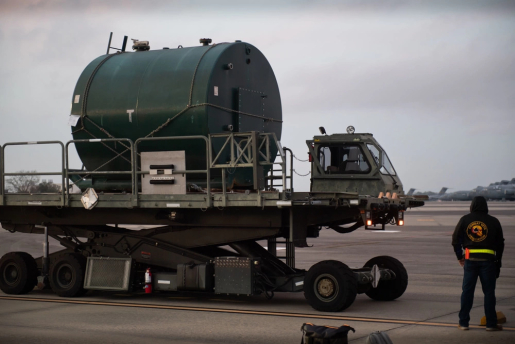 A U.S. Air Force Airman with the 437th Aerial Port Squadron, prepares to load a piece of critical infrastructure equipment onto a C-5 Super Galaxy, at Joint Base Charleston, South Carolina, Jan. 31, 2023. This equipment is part of a $53 million humanitarian package announced by the U.S. Secretary of State, endeavoring to offset continued Russian attacks on Ukraine’s energy infrastructure.