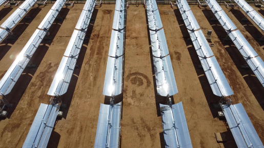 Aerial image of parabolic trough solar collectors