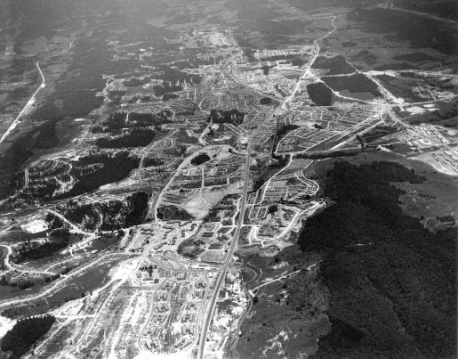 Black and white photo of project site taken from the air.