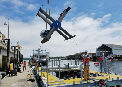 Tidal turbine being loaded onto a test platform
