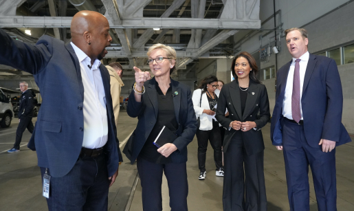  U.S. Secretary of Energy Jennifer Granholm with President of the Las Vegas Raiders Sandra Douglass Morgan, President and CEO of NV Energy Doug Cannon, and Chief Engineer of Allegiant Stadium Joseph Wright in Las Vegas on February 1, 2024.