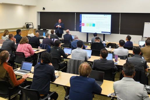 A speaker presents at the Frontiers in Energy Storage workshop.