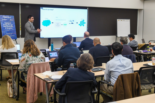 A presenter discusses AI in the Frontiers in Energy Storage workshop.