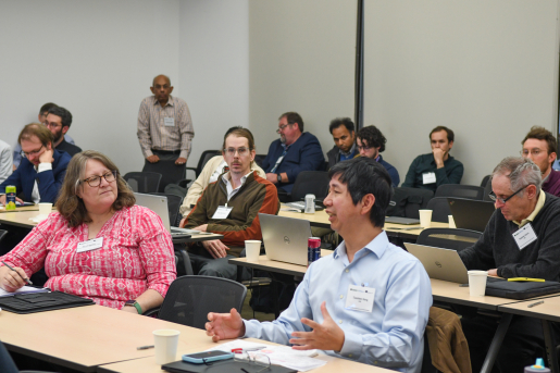 Audience members pose questions to presenters at the Frontiers in Energy Storage workshop.