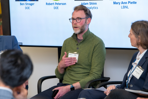 Adam Shinn of kWh Analytics speaks during the panel presentation on markets and deployment at the Frontiers in Energy Storage workshop. 