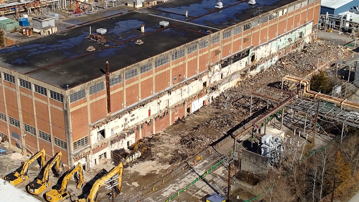 Aerial view of a large building after being demolished