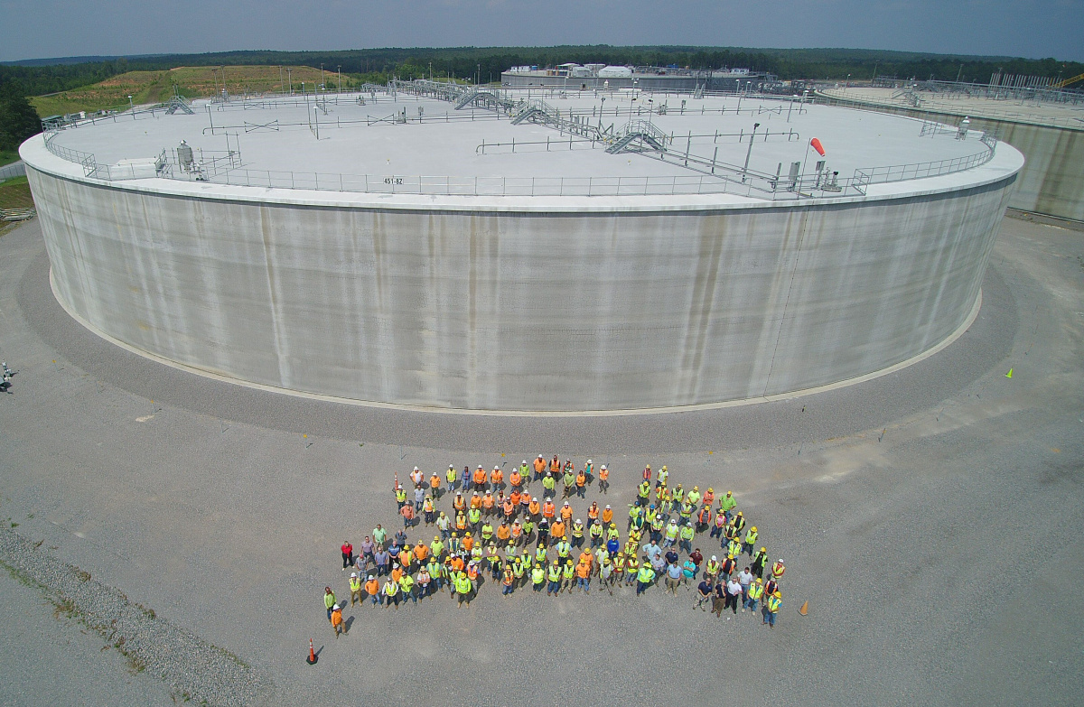 Aerial view of a large circular buildings at SRS