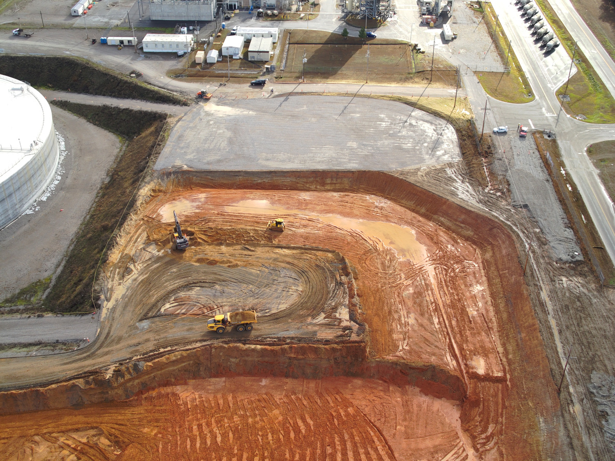 Aerial view of a large dirt area being prepped at SRS