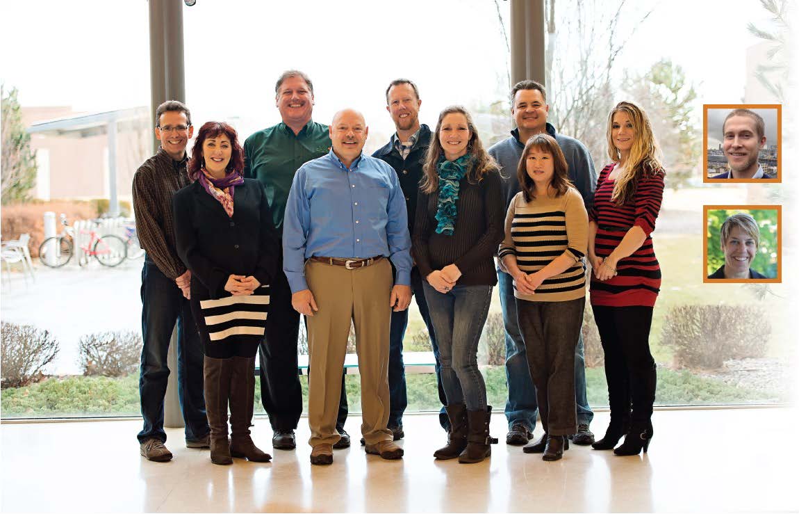 Photo of nine men and women standing together smiling. There are insets of two additional people on the right side: a man and a woman.