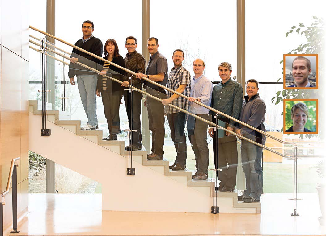 Photo of eight men and women standing on a stairway smiling. There are insets of two additional people on the right side: a man and woman