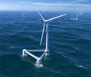 Photo of an offshore wind turbine on a floating platform.
