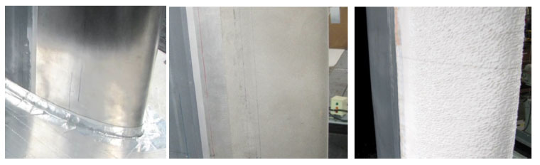 Figure 1. (left) Smooth, (middle) low roughness height, and (right) high roughness height airfoil model leading edges Three close up photos of a small section of a wind turbine blade.