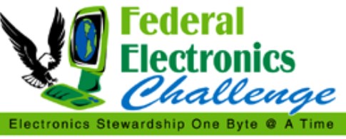 Graphic of the Federal Electronics Challenge logo with an eagle landing on a computer keyboard - Electronics stewardship one byte at a time.