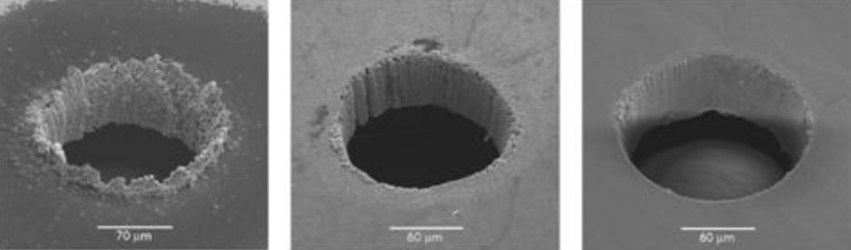 Holes 150 micrometers in diameter cut in a 50 micrometer-thick silicon wafer via progressively faster (left to right) pulse lasers. Photo courtesy of Raydiance, Inc. Holes 150 micrometers in diameter cut in a 50 micrometer-thick silicon wafer via progressively faster (left to right) pulse lase