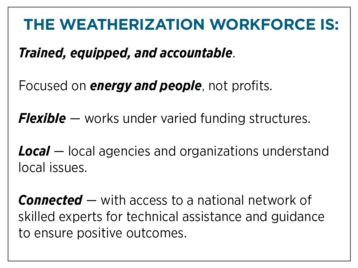 Graphic describing the Weatherization workforce as trained, equipped, and accountable.