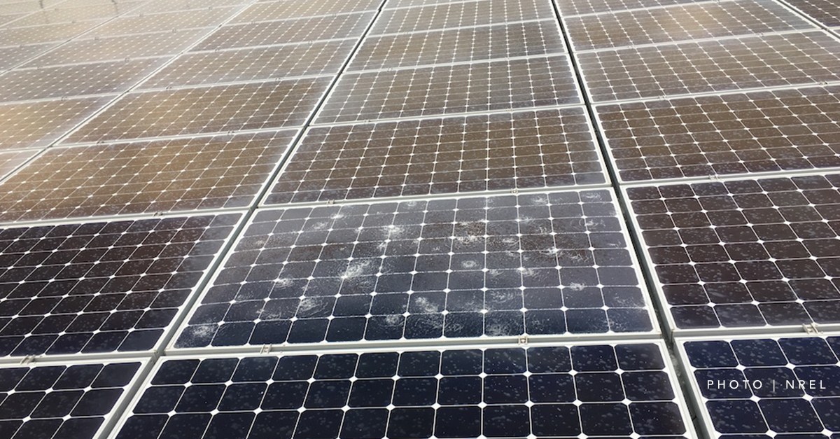 Just one PV panel out of more than 3,000 was damaged at NREL following the hailstorm. Photo | NREL Solar Panel Hailstorm_SM.png