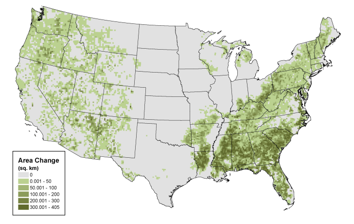 Expanded area of potential wind energy deployment resulting from increasing hub height from 96 to 140 meters. Image of the United States showing the area change in square kilometers.