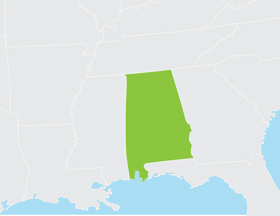 <em>Save Energy Now</em> Alabama leveraged funds from the AMO state award to establish a team that provided industrial facilities with resources, assessments, implementation assistance, and training that resulted in reducing energy intensity in the state’s industrial sector. Map highlighting Alabama