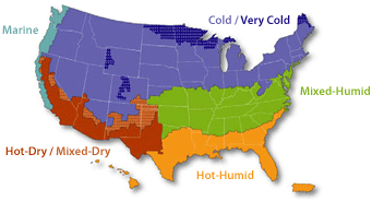 The Map of the United States shows climate zones in different colors. The Marine zone contains the Pacific coast from the Canadian border to mid-California. The Hot-dry/Mixed-Dry zone contains the rest of California and follows the US border to mid-Texas. The Hot-Humid zone covers eastern Texas through Florida and includes Puerto Rico and Hawaii. The Mixed-Humid zone covers the mid-central to mid-eastern regions of the country. The Cold/Very Cold zone contains all of the Northern United States.