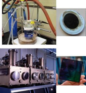 (<em>Top</em>) PVD sputtering chamber and sputtered film. (<em>Bottom</em>) High-temperature electrodeposition assembly and electrodeposited cobalt oxide coating. <em>Image from Sandia National Laboratories</em> Series of black and white photos from a microscope showing water droplets falling on a flat, dust-covered surface.
