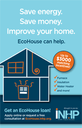 The flier for EcoHouse, with the headline 'Save energy, save money, improve your home' and the text 'EcoHouse can help' below. U