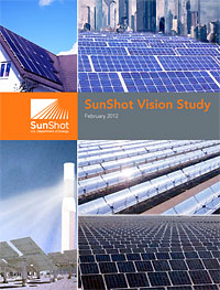 The SunShot Vision Study projects that solar technologies could satisfy roughly 14% of U.S. electricity demand by 2030 and 27% by 2050. Cover Design by Josh Bauer/NREL Composite image of 3 photographs of solar technologies, showing a lit tower, rows of silver troughs, and rows of PV panels.