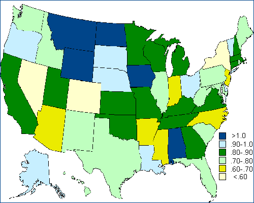 Map of the United States showing the number of vehicles driven per capita by state. Wyoming has the highest number of vehicles per capita while Colorado has the lowest. For more detailed information, see the table below.